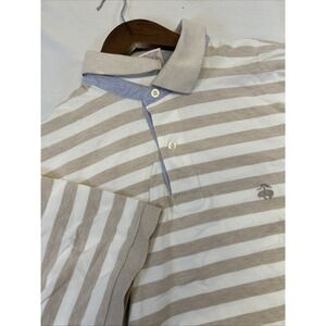 Brooks Brothers White Beige Striped Button Up Shirt Mens Large Short Sleeve Polo